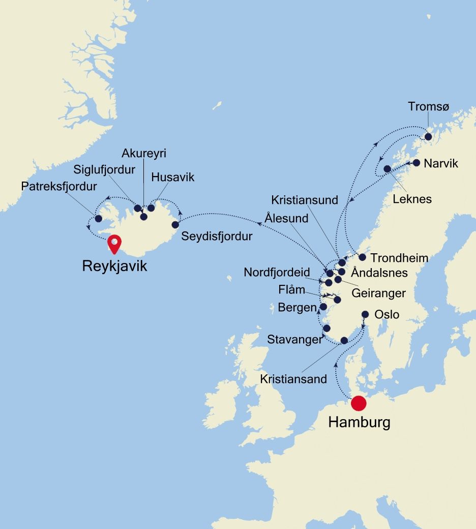Hamburg to Reykjavik Special Voyage Itinerary Map